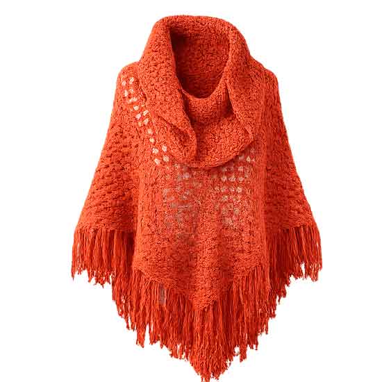 Xale de Tricô Feminino Terracota com Gola Ampla e Franjas