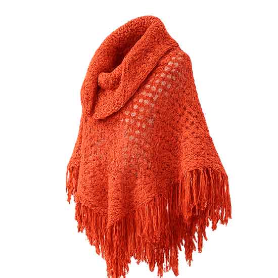 Xale de Tricô Feminino Terracota com Gola Ampla e Franjas - Imagem 2