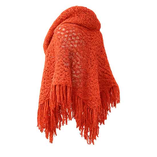 Xale de Tricô Feminino Terracota com Gola Ampla e Franjas - Imagem 3