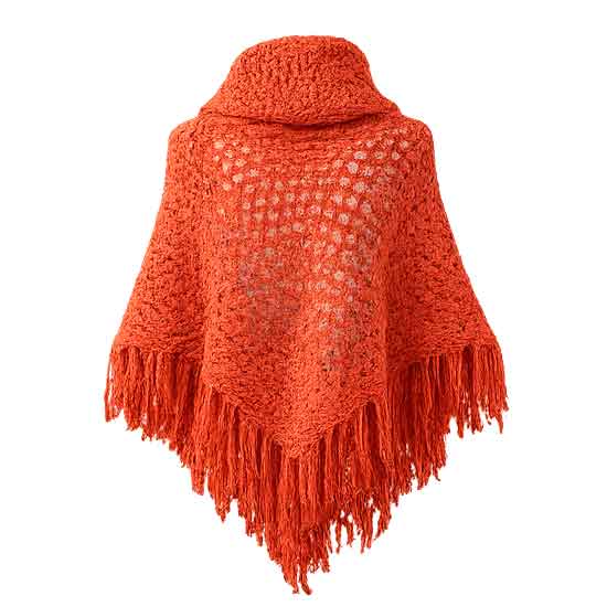 Xale de Tricô Feminino Terracota com Gola Ampla e Franjas - Imagem 4
