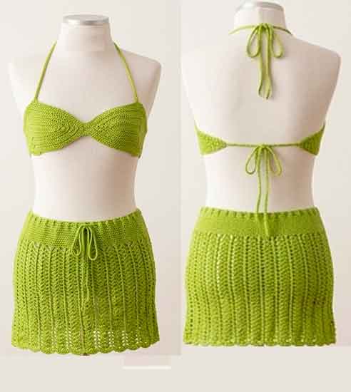 Conjunto de Crochê Verde-Lima: Top Biquíni e Saia Saída de Praia