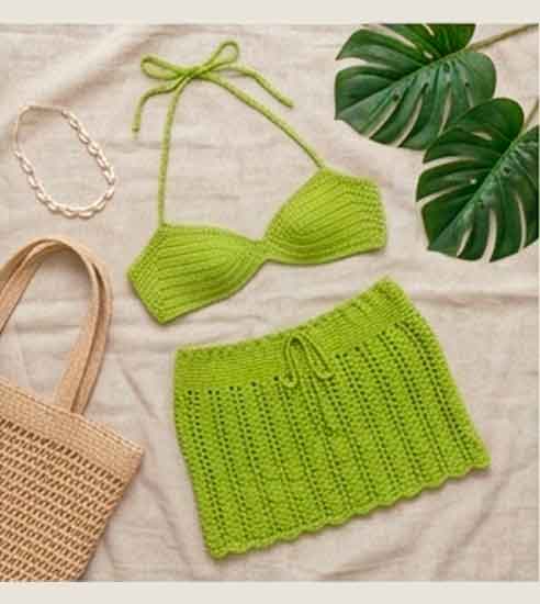 Conjunto de Crochê Verde-Lima: Top Biquíni e Saia Saída de Praia - Imagem 3