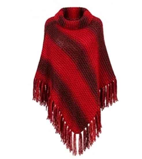 Poncho Feminino de Tricô Ampla Gola com Franjas