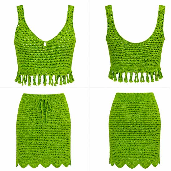 Conjunto de Crochê Verde Feminino – Top e Saia com Franjas
