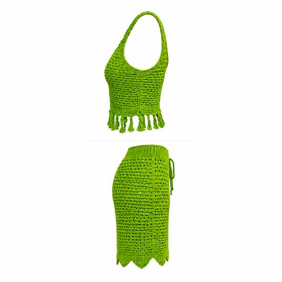 Conjunto de Crochê Verde Feminino – Top e Saia com Franjas - Imagem 2