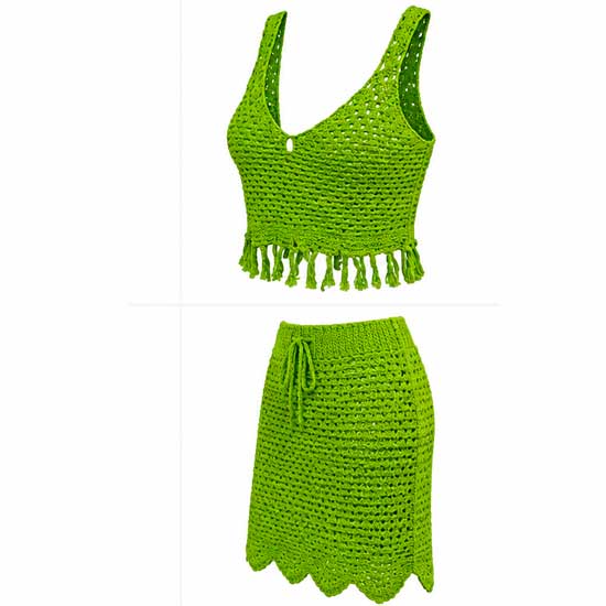 Conjunto de Crochê Verde Feminino – Top e Saia com Franjas - Imagem 3